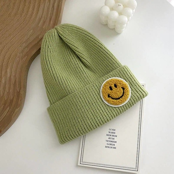 On My Rack Accessories - NWT Cute Smiley Face Happy Face Patch Knit Skullies Beanie Winter Cap Olive Sage